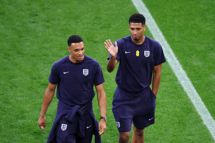 DORTMUND, GERMANY - JULY 10: Trent Alexander-Arnold and Jude Bellingham of England inspect the pitch prior to the UEFA EURO 2024 semi-final match between Netherlands and England at Football Stadium Dortmund on July 10, 2024 in Dortmund, Germany.