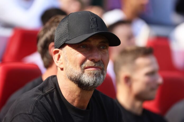 LIVERPOOL, ENGLAND - MAY 19: Jurgen Klopp, Manager of Liverpool, looks on from the dugout prior to the Premier League match between Liverpool FC and Wolverhampton Wanderers at Anfield on May 19, 2024 in Liverpool, England.