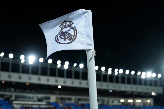 MADRID, SPAIN - DECEMBER 20: A detailed view of a corner flag branded with the Real Madrid CF badge prior to the UEFA Women's Champions League group stage match between Real Madrid CF and Paris FC at Estadio Alfredo Di Stefano on December 20, 2023 in Madrid, Spain.