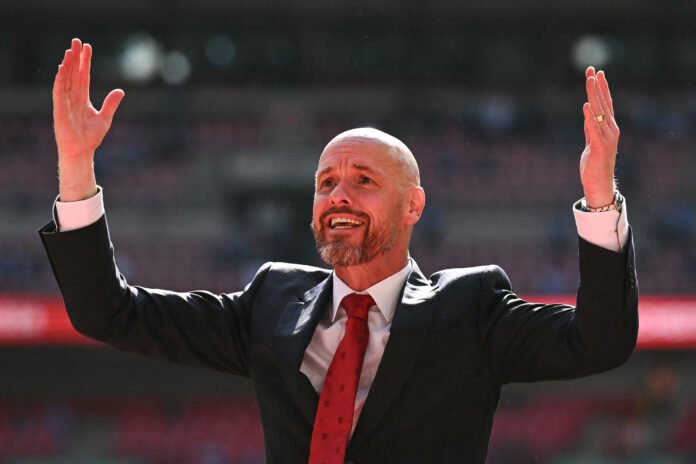 Manchester United's Dutch manager Erik ten Hag celebrates after winning the English FA Cup final football match between Manchester City and Manchester United at Wembley stadium, in London, on May 25, 2024.