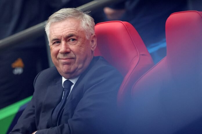 Real Madrid's Italian coach Carlo Ancelotti reacts prior to the UEFA Champions League final football match between Borussia Dortmund and Real Madrid, at Wembley stadium, in London, on June 1, 2024.