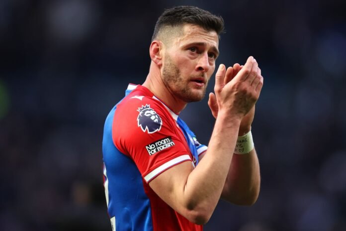 LONDON, ENGLAND - MARCH 02: Joel Ward of Crystal Palace applauds the fans following the Premier League match between Tottenham Hotspur and Crystal Palace at the Tottenham Hotspur Stadium on March 02, 2024 in London, England.
