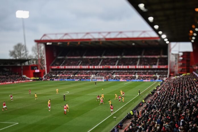 NOTTINGHAM, ENGLAND - FEBRUARY 01: (EDITORS NOTE: Image shot with a tilt-shift lens.) A general view of play during the Premier League match between Nottingham Forest FC and Brighton & Hove Albion FC at City Ground on February 01, 2025 in Nottingham, England.