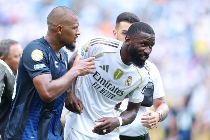 CHARLOTTE, NORTH CAROLINA - JUNE 22: Antonio Ruediger #22 of Real Madrid C. F. reacts with Salomon Rondon #23 of CF Pachuca during an altercation in the FIFA Club World Cup 2025 group H match between Real Madrid CF and CF Pachuca at Bank of America Stadium on June 22, 2025 in Charlotte, North Carolina.