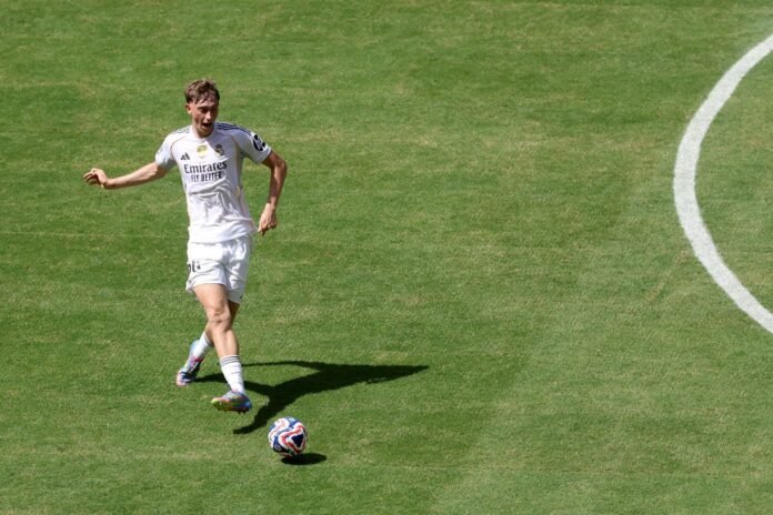 MIAMI GARDENS, FLORIDA - JUNE 18: Dean Huijsen #24 of Real Madrid C. F. controls the ball during the FIFA Club World Cup 2025 group H match between Real Madrid CF and Al Hilal at Hard Rock Stadium on June 18, 2025 in Miami Gardens, Florida.