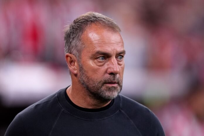 BILBAO, SPAIN - MAY 25: Hansi Flick, Head Coach of FC Barcelona, looks on prior to the LaLiga match between Athletic Club and FC Barcelona at Estadio de San Mames on May 25, 2025 in Bilbao, Spain.