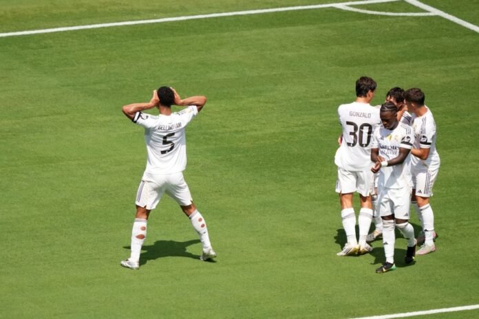 CHARLOTTE, NORTH CAROLINA - JUNE 22: Jude Bellingham #5 of Real Madrid C. F. celebrates scoring his team's first goal during the FIFA Club World Cup 2025 group H match between Real Madrid CF and CF Pachuca at Bank of America Stadium on June 22, 2025 in Charlotte, North Carolina.