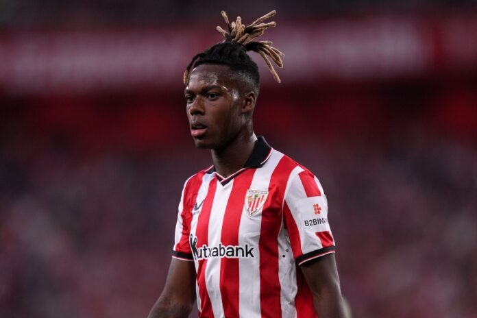 BILBAO, SPAIN - MAY 25: Nico Williams of Athletic Club reacts during the LaLiga match between Athletic Club and FC Barcelona at Estadio de San Mames on May 25, 2025 in Bilbao, Spain.