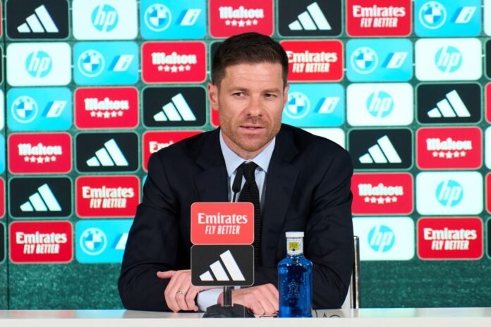 MADRID, SPAIN - MAY 26: Xabi Alonso speaks in the press conference during his unveiling as new Head Coach of Real Madrid at Valdebebas training ground on May 26, 2025 in Madrid, Spain.