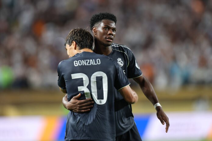 PHILADELPHIA, PENNSYLVANIA - JUNE 26: Gonzalo Garcia #30 of Real Madrid C.F. celebrates scoring his team's third goal with Aurelien Tchouameni #14 of Real Madrid C.F. during the FIFA Club World Cup 2025 group H match between FC Red Bull Salzburg and Real Madrid CF at Lincoln Financial Field on June 26, 2025 in Philadelphia, Pennsylvania.