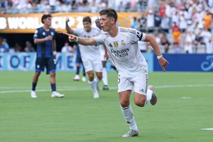 CHARLOTTE, NORTH CAROLINA - JUNE 22: Arda Gueler #15 of Real Madrid C. F. celebrates scoring his team's second goal during the FIFA Club World Cup 2025 group H match between Real Madrid CF and CF Pachuca at Bank of America Stadium on June 22, 2025 in Charlotte, North Carolina.