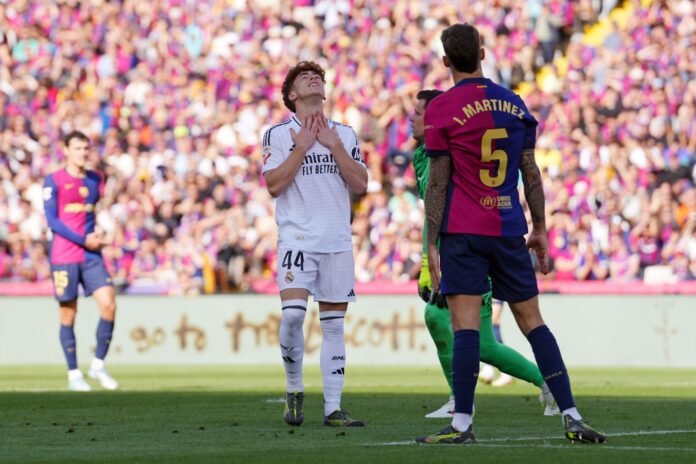 BARCELONA, SPAIN - MAY 11: Victor Munoz of Real Madrid reacts after missing a chance during the LaLiga match between FC Barcelona and Real Madrid CF at Estadi Olimpic Lluis Companys on May 11, 2025 in Barcelona, Spain.