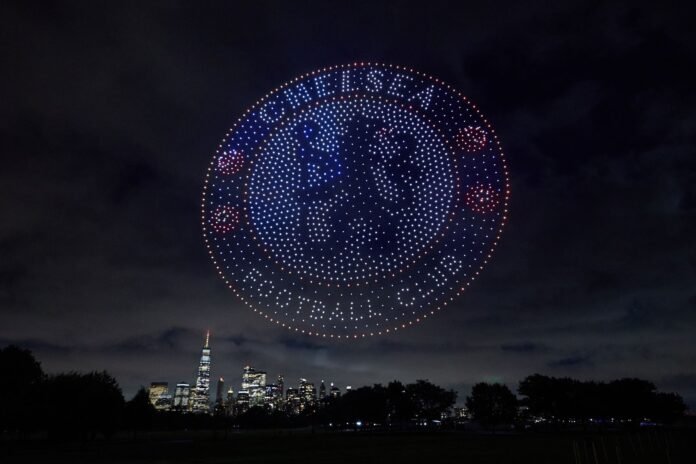 NEW YORK, NEW YORK - JULY 11: A Chelsea FC logo visual is displayed against the Manhatten skyline by 1500 drones in a FIFA drone show ahead of the Club World Cup Final on July 11, 2025 in Liberty State Park, New Jersey.