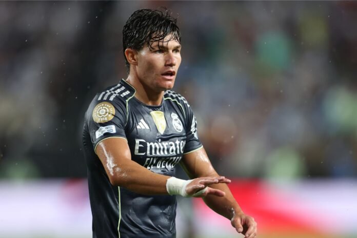 PHILADELPHIA, PENNSYLVANIA - JUNE 26: Fran Garcia #20 of Real Madrid C. F. gestures during the FIFA Club World Cup 2025 group H match between FC Red Bull Salzburg and Real Madrid CF at Lincoln Financial Field on June 26, 2025 in Philadelphia, Pennsylvania.