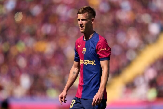 BARCELONA, SPAIN - MAY 11: Dani Olmo of FC Barcelona looks on during the LaLiga match between FC Barcelona and Real Madrid CF at Estadi Olimpic Lluis Companys on May 11, 2025 in Barcelona, Spain.