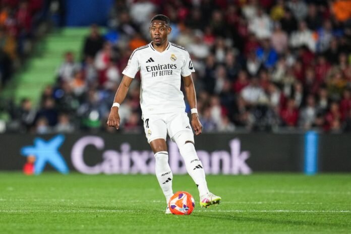 GETAFE, SPAIN - APRIL 23: David Alaba of Real Madridrun with the ball during the LaLiga match between Getafe CF and Real Madrid CF at Coliseum Alfonso Perez on April 23, 2025 in Getafe, Spain.