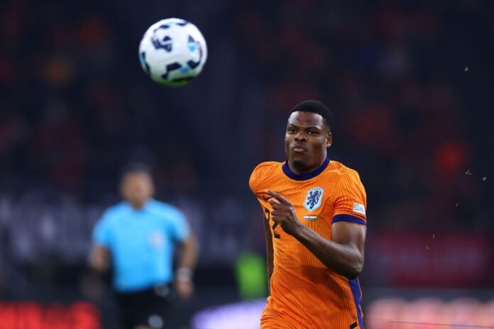 AMSTERDAM, NETHERLANDS - NOVEMBER 16: Denzel Dumfries of Netherlands in action during the UEFA Nations League 2024/25 League A Group A3 match between Netherlands and Hungary at on November 16, 2024 in Amsterdam, Netherlands.