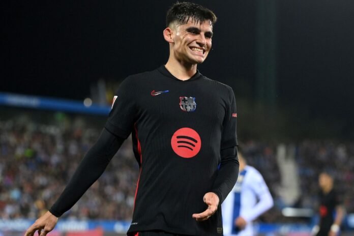 LEGANES, SPAIN - APRIL 12: Gerard Martin of FC Barcelona reacts during the LaLiga match between CD Leganes and FC Barcelona at Estadio Municipal de Butarque on April 12, 2025 in Leganes, Spain.