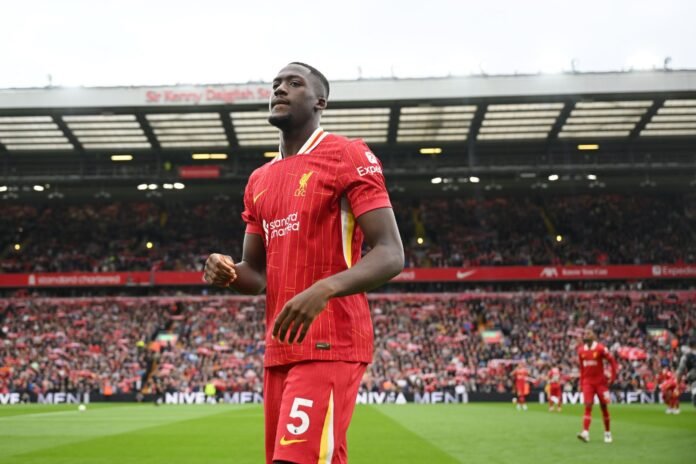 LIVERPOOL, ENGLAND - AUGUST 25: Ibrahima Konate of Liverpool looks on before the Premier League match between Liverpool FC and Brentford FC at Anfield on August 25, 2024 in Liverpool, England.