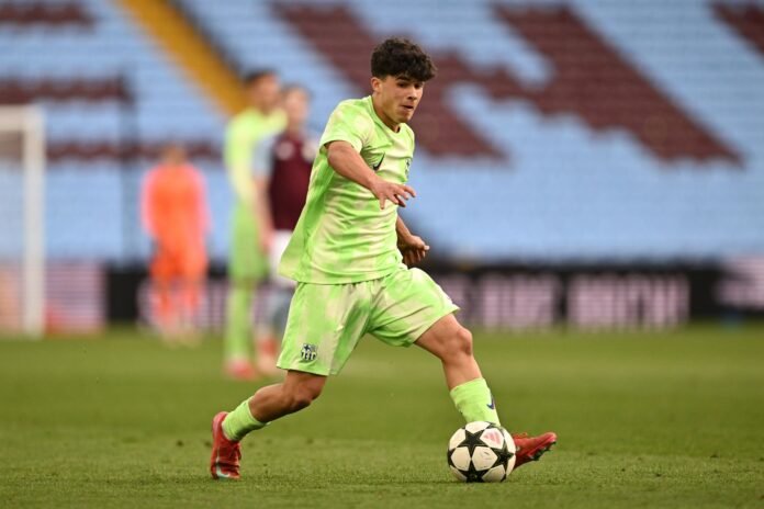 BIRMINGHAM, ENGLAND - MARCH 04: Jan Virgili of FC Barcelona during the UEFA Youth League Round of 16 match between Aston Villa and FC Barcelona at Villa Park on March 04, 2025 in Birmingham, England.