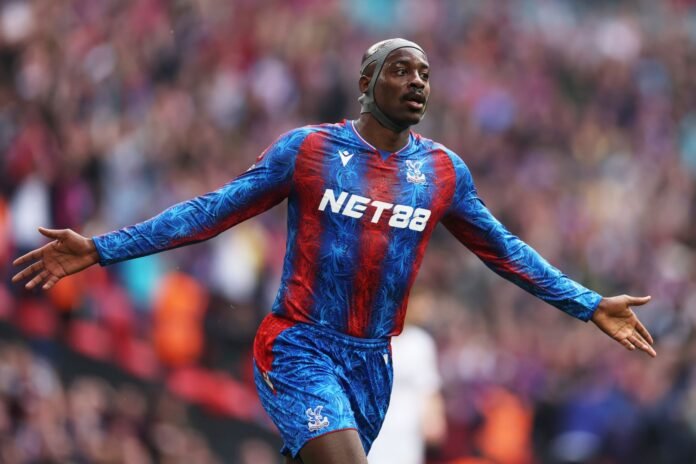 LONDON, ENGLAND - APRIL 26: Jean-Philippe Mateta of Crystal Palace reacts after scoring a goal which was ruled out during the Emirates FA Cup Semi Final match between Crystal Palace and Aston Villa at Wembley Stadium on April 26, 2025 in London, England.