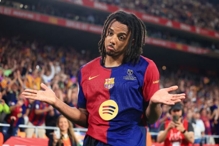 SEVILLE, SPAIN - APRIL 26: Jules Kounde of FC Barcelona celebrates after scoring the teams third goal during the Copa del Rey Final match between FC Barcelona and Real Madrid at Estadio de La Cartuja on April 26, 2025 in Seville, Spain.