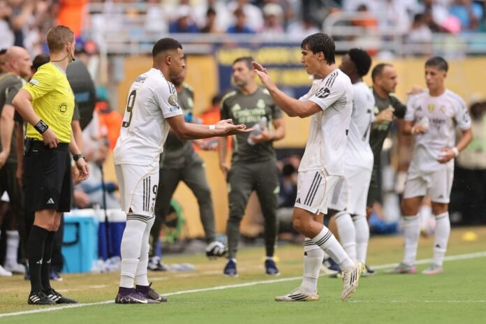 MIAMI GARDENS, FLORIDA - JULY 01: Kylian Mbappe #9 of Real Madrid C.F. enters the match for Gonzalo Garcia #30 of Real Madrid C.F. during the FIFA Club World Cup 2025 round of 16 match between Real Madrid CF and Juventus FC at Hard Rock Stadium on July 01, 2025 in Miami Gardens, Florida.