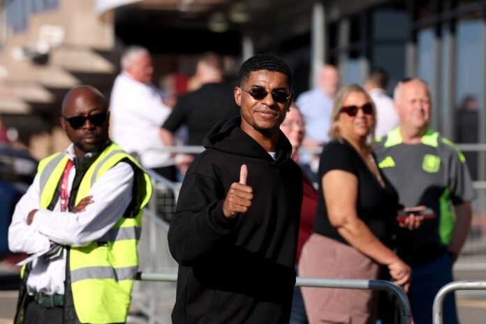 BIRMINGHAM, ENGLAND - MAY 16: Marcus Rashford of Aston Villa arrives at the stadium prior to the Premier League match between Aston Villa FC and Tottenham Hotspur FC at Villa Park on May 16, 2025 in Birmingham, England.