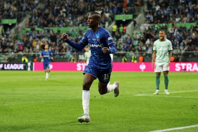 WROCLAW, POLAND - MAY 28: Nicolas Jackson of Chelsea celebrates scoring his team's second goal during the UEFA Conference League Final 2025 between Real Betis Balompie and Chelsea FC at Stadion Wroclaw on May 28, 2025 in Wroclaw, Poland.