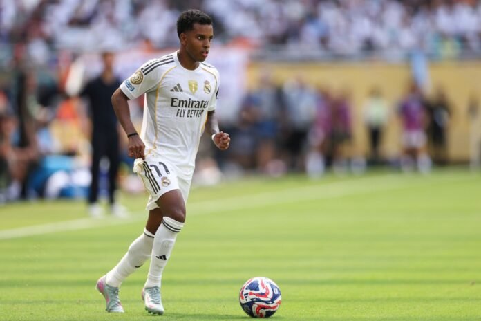 MIAMI GARDENS, FLORIDA - JUNE 18: Rodrygo #11 of Real Madrid C.F. controls the ball during the FIFA Club World Cup 2025 group H match between Real Madrid CF and Al Hilal at Hard Rock Stadium on June 18, 2025 in Miami Gardens, Florida.