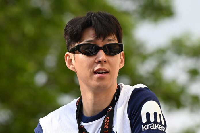 LONDON, ENGLAND - MAY 23: Son Heung-Min of Tottenham Hotspur looks on during the Tottenham Hotspur UEFA Europa League trophy parade on May 23, 2025 in London, England. Spurs defeated Manchester United in the final in Bilbao on May 21 to win their first major trophy in 17 years.