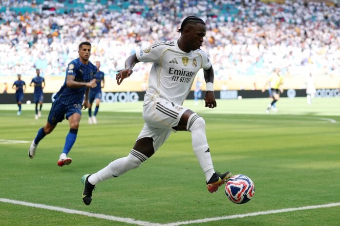 MIAMI GARDENS, FLORIDA - JUNE 18: Vinicius Junior #7 of Real Madrid C.F. during the FIFA Club World Cup 2025 group H match between Real Madrid CF and Al Hilal at Hard Rock Stadium on June 18, 2025 in Miami Gardens, Florida.