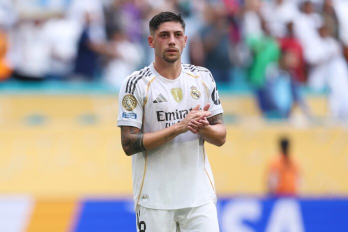 MIAMI GARDENS, FLORIDA - JULY 01: Federico Valverde #8 of Real Madrid C.F. applauds the fans following the FIFA Club World Cup 2025 round of 16 match between Real Madrid CF and Juventus FC at Hard Rock Stadium on July 01, 2025 in Miami Gardens, Florida.