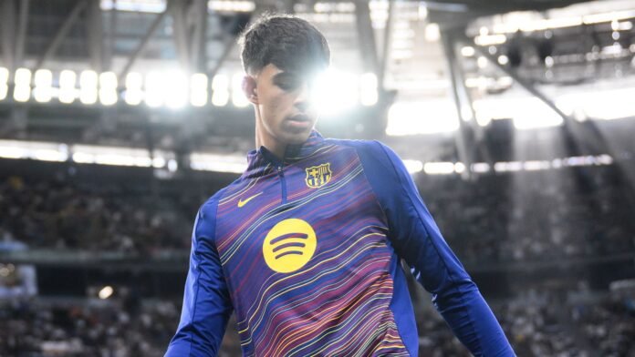 MADRID, SPAIN - OCTOBER 26: Marc Bernal of FC Barcelona looks on prior to the LaLiga EA Sports match between Real Madrid CF and FC Barcelona at Estadio Santiago Bernabeu on October 26, 2025 in Madrid, Spain.