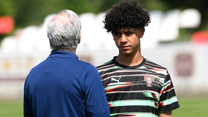 Cristiano Ronaldo Jr of Portugal speaks to a coach prior to the Men's U15 International match between Portugal and Japan as part of the Vlatko Markovic tournament at Stadium Sveti Martin na Muri on May 13, 2025 in Zagreb, Croatia.