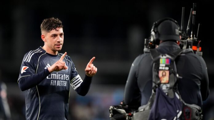 Federico Valverde of Real Madrid celebrates scoring his team's second goal during the LaLiga EA Sports match between RC Celta de Vigo and Real Madrid CF at Estadio Abanca-Balaidos on March 06, 2026 in Vigo, Spain.
