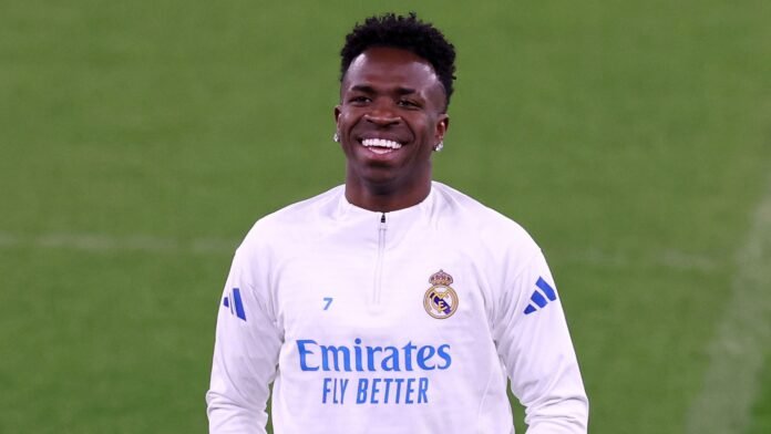 Vinicius Junior of Real Madrid reacts during a training session ahead of the UEFA Champions League 2025/26 Round of 16 Second Leg match between Manchester City and Real Madrid at City of Manchester Stadium on March 16, 2026 in Manchester, England.